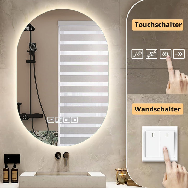 Badspiegel mit Beleuchtung mit Bluetooth Lautsprecher 50x75cm,Runden LED Badezimmerspiegel mit Entfo