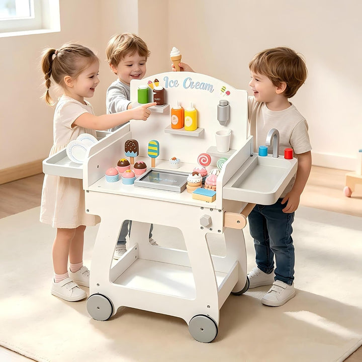 Eisdiele Kinder Holz Eisladen Spielzeug ab 3 Jahre Eiswagen kaufmannsladen mit 8 Eiscreme, 4 EIS am