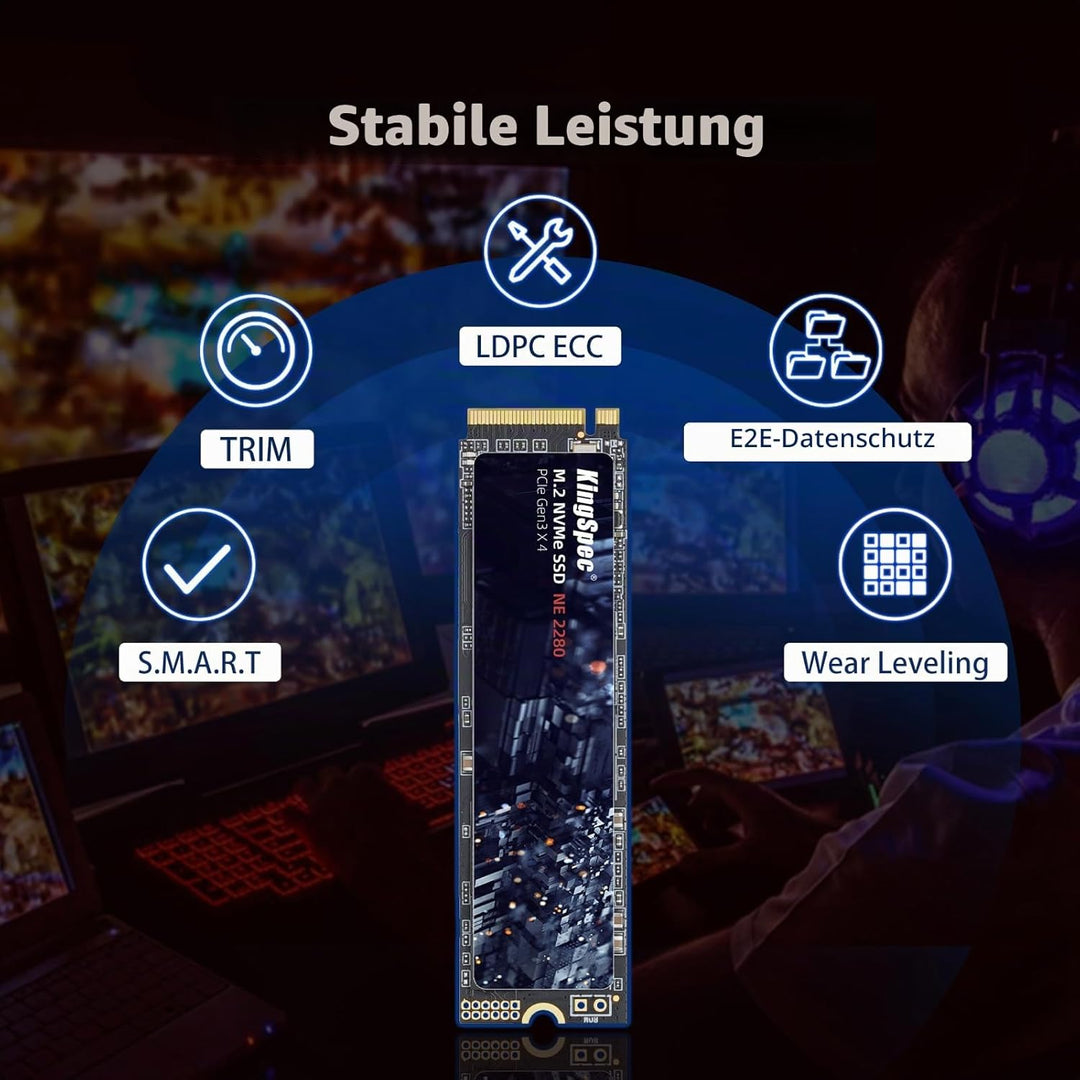 KingSpec SSD 512GB M.2 NVMe PCIE Gen 3x4, Bis zu 2400MB/s, Internes Solid State Drive mit 3D NAND Fl