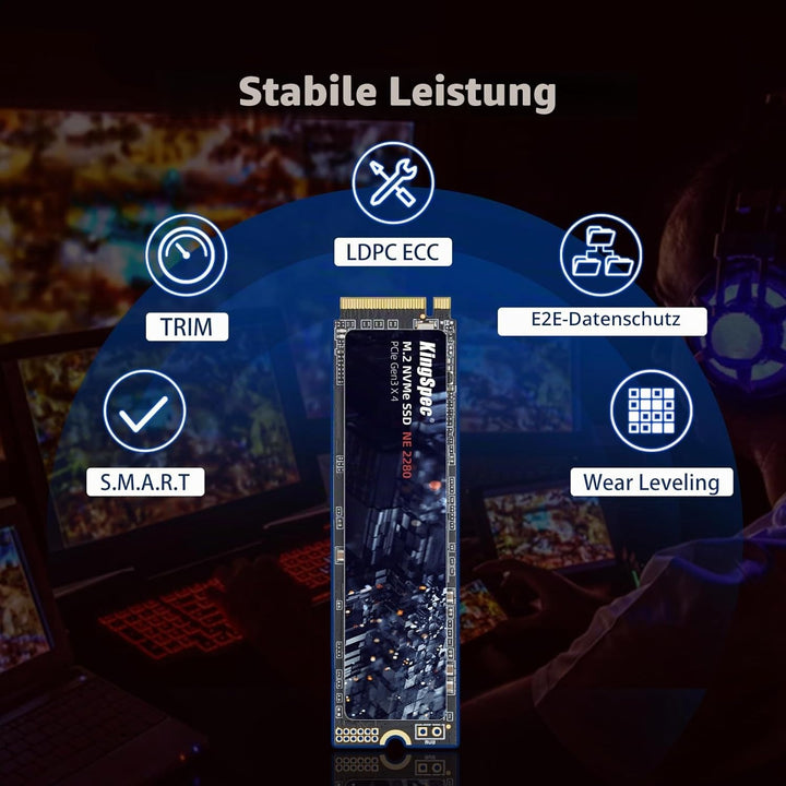 KingSpec SSD 512GB M.2 NVMe PCIE Gen 3x4, Bis zu 2400MB/s, Internes Solid State Drive mit 3D NAND Fl