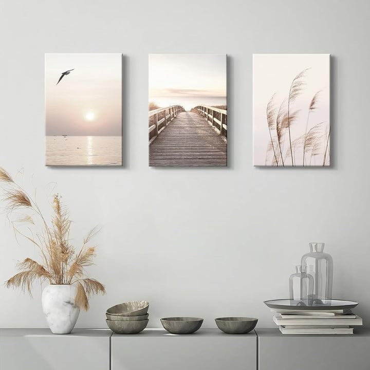 3 Teilig Strand Sonnenuntergang Bilder Set, Aesthetic Natur Landschaft Wandbilder mit Rahmen, Modern