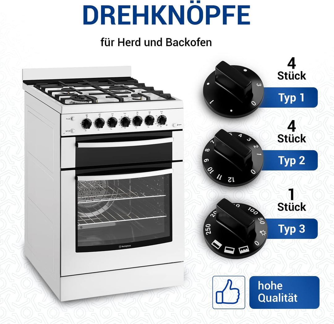 VIOKS Drehknopf Herd Knebel 52mmØ Set - 9x Herd Knopf Schwarz & Herd Ersatzteile Drehknopf 6mm Achse