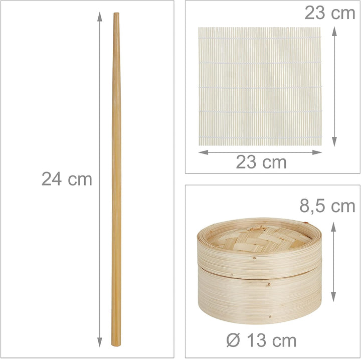 Relaxdays Sushi Set, Bambus, 2 Sushimatten, Dampfgarer, 20 Paar Essstäbchen, Reislöffel, Reisspatel,