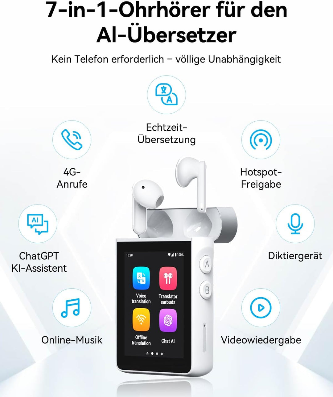 Wooask A9 KI-Übersetzer &amp; Übersetzer-Kopfhörer, Eigenständiges Sprachübersetzungsgerät mit KI-Assist