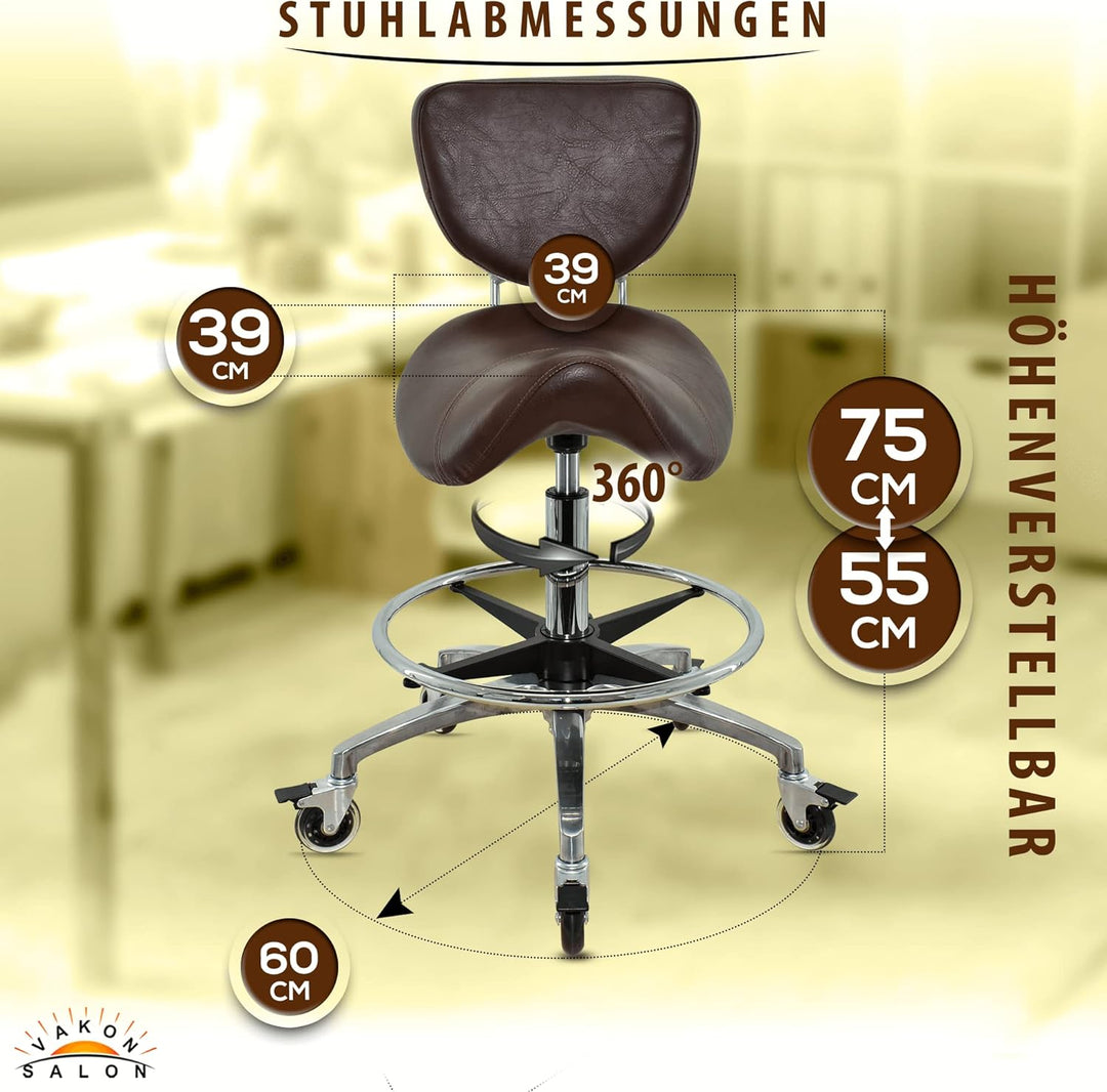 Premium Sattelhocker braun mit Bremse und Lehne, Sattelstuhl für Rückenentlastung, Rollhocker höhenv