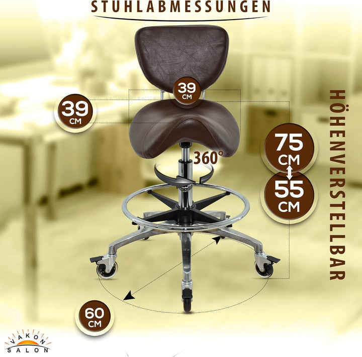 Premium Sattelhocker braun mit Bremse und Lehne, Sattelstuhl für Rückenentlastung, Rollhocker höhenv