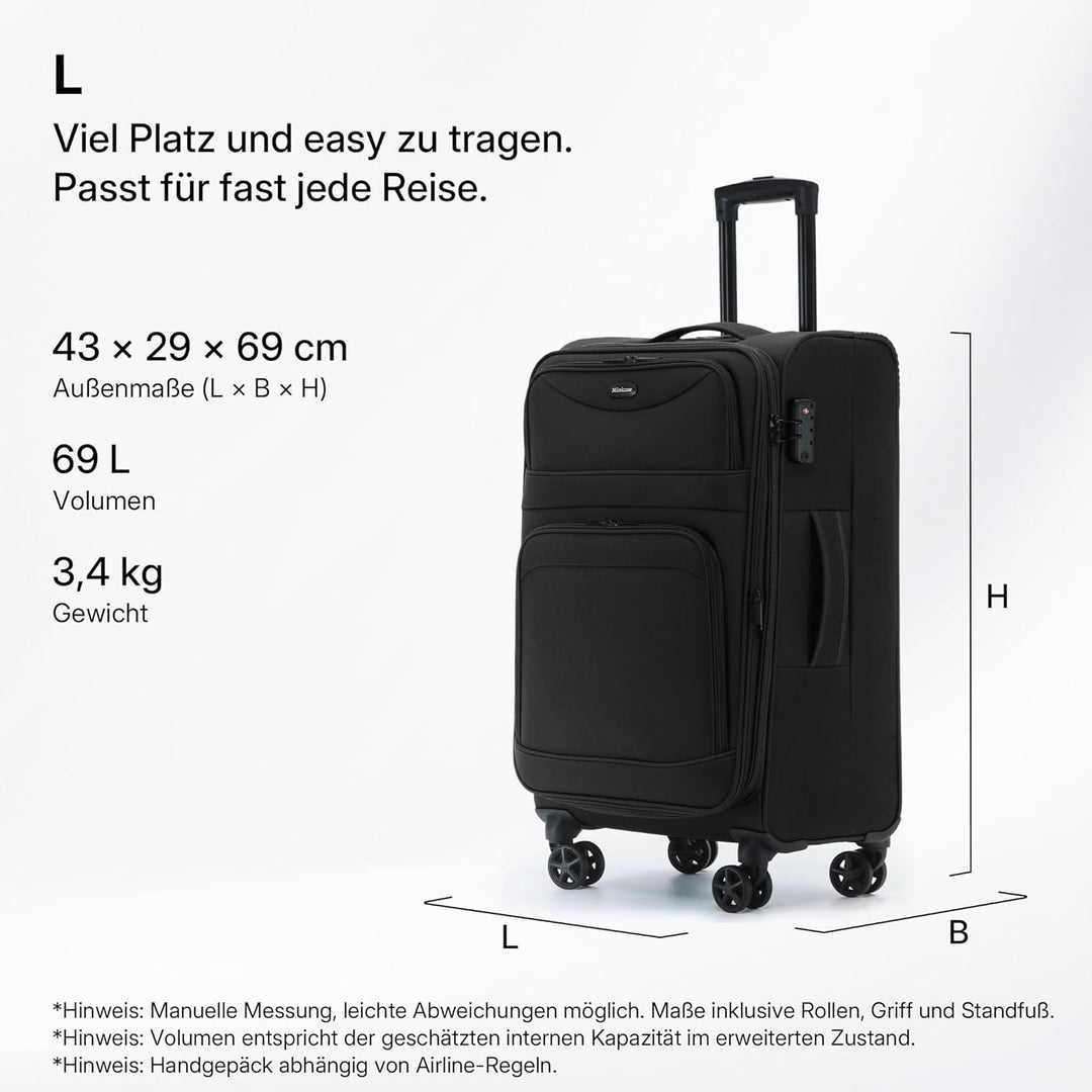 Münicase Stoffkoffer erweiterbar mit Frontfächern,15% Extra-Volumen, TSA-Schloss, 360° Doppelrollen