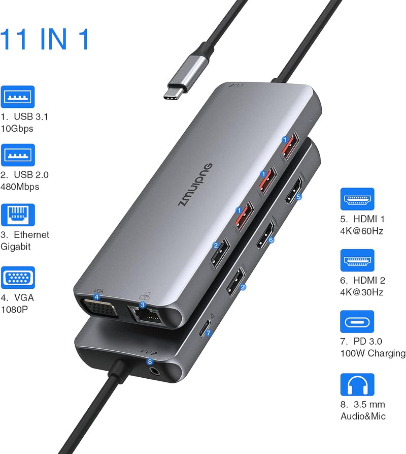 USB C Docking Station, Dockingstation Dual Monitor USB-C Hub mit 2 4K HDMI,VGA,3USB 3.1 10Gbps,2USB