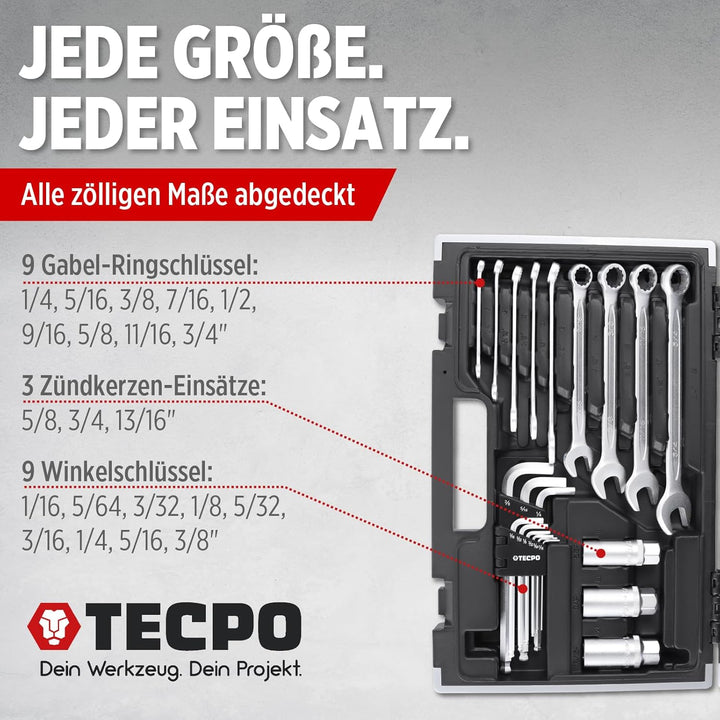 TECPO 300383 Zoll Werkzeug Satz Harley Steckschlüssel Nüsse Grössen Nuss Set Ratschenkasten