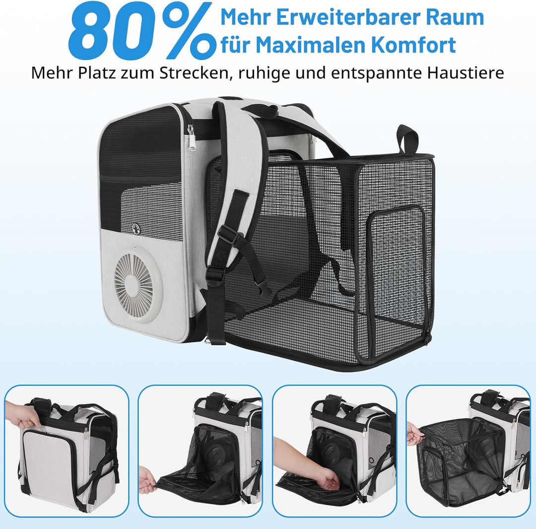 Katzenrucksack mit Kühlventilator und Heizkissen für alle Jahreszeiten, erweiterbare Haustiertrageta