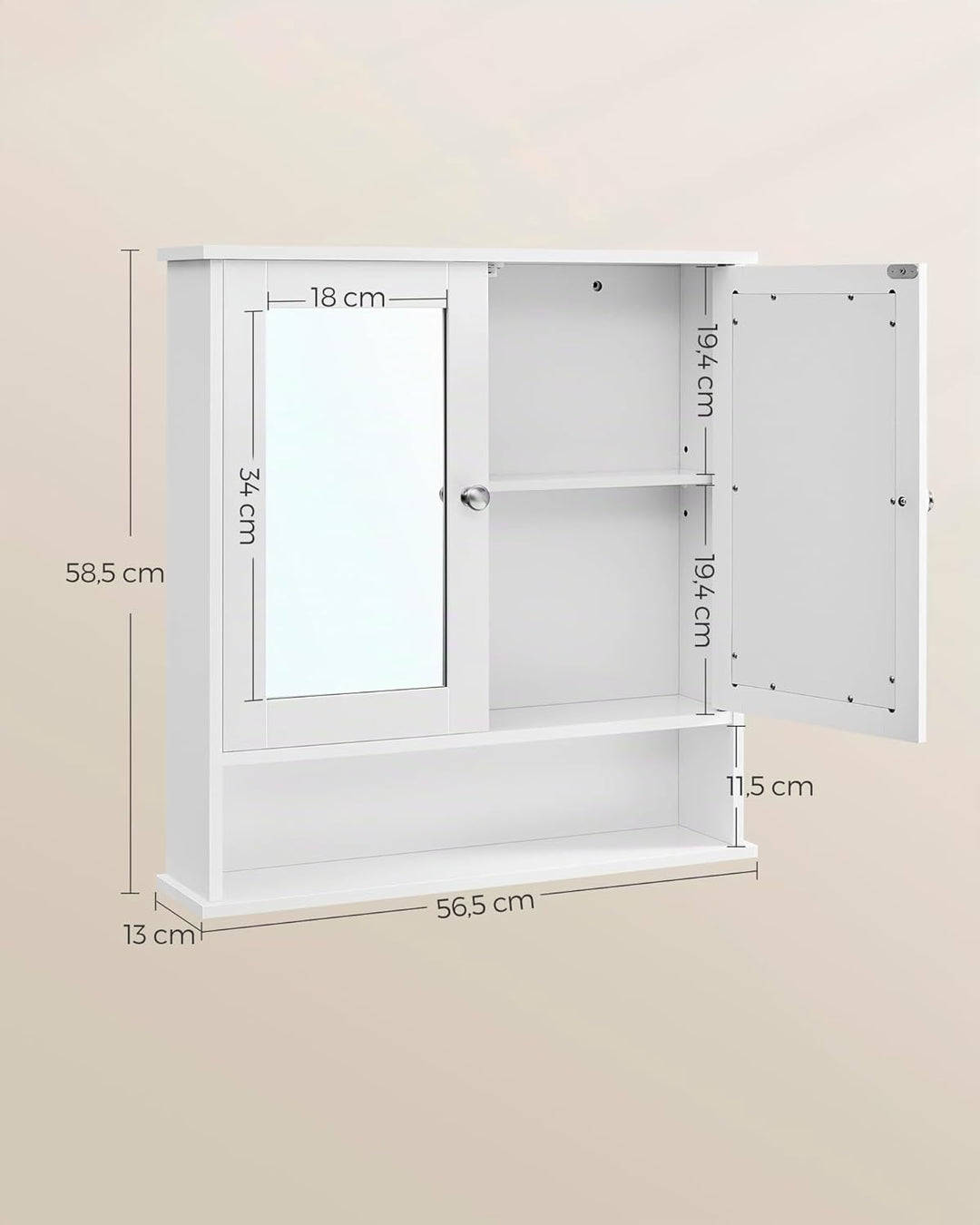 VASAGLE Spiegelschrank, Badschrank, Wandschrank, Hängeschrank mit 2 Spiegeltüren und offenem Fach, v