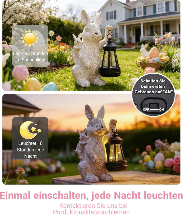 Yeomoo Kaninchen Deko mit Solar Laterne Gartendeko für Draussen - Lustige Hasen Mutter mit Baby Gart