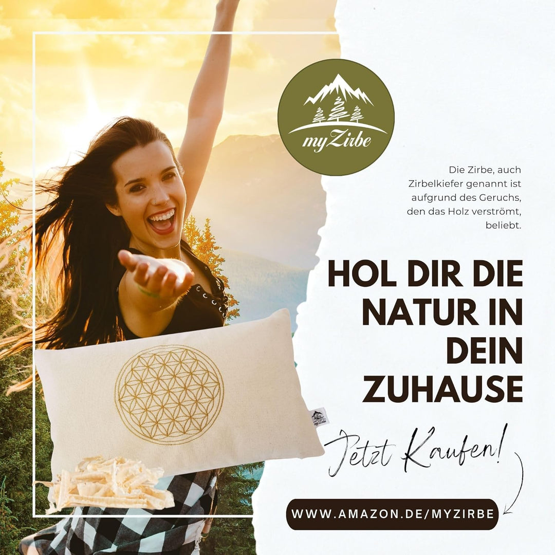 Zirbenkissen Blume des Lebens mit Inlett 30x50 cm befüllt mit Zirbenspänen aus 100% Alpen Zirbenholz