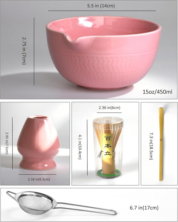 Rosa Matcha Whisk Set, 5 Pcs Macha Tea Set Includes Pink Ceramic Matcha Bowl with Spout, Bamboo Whis