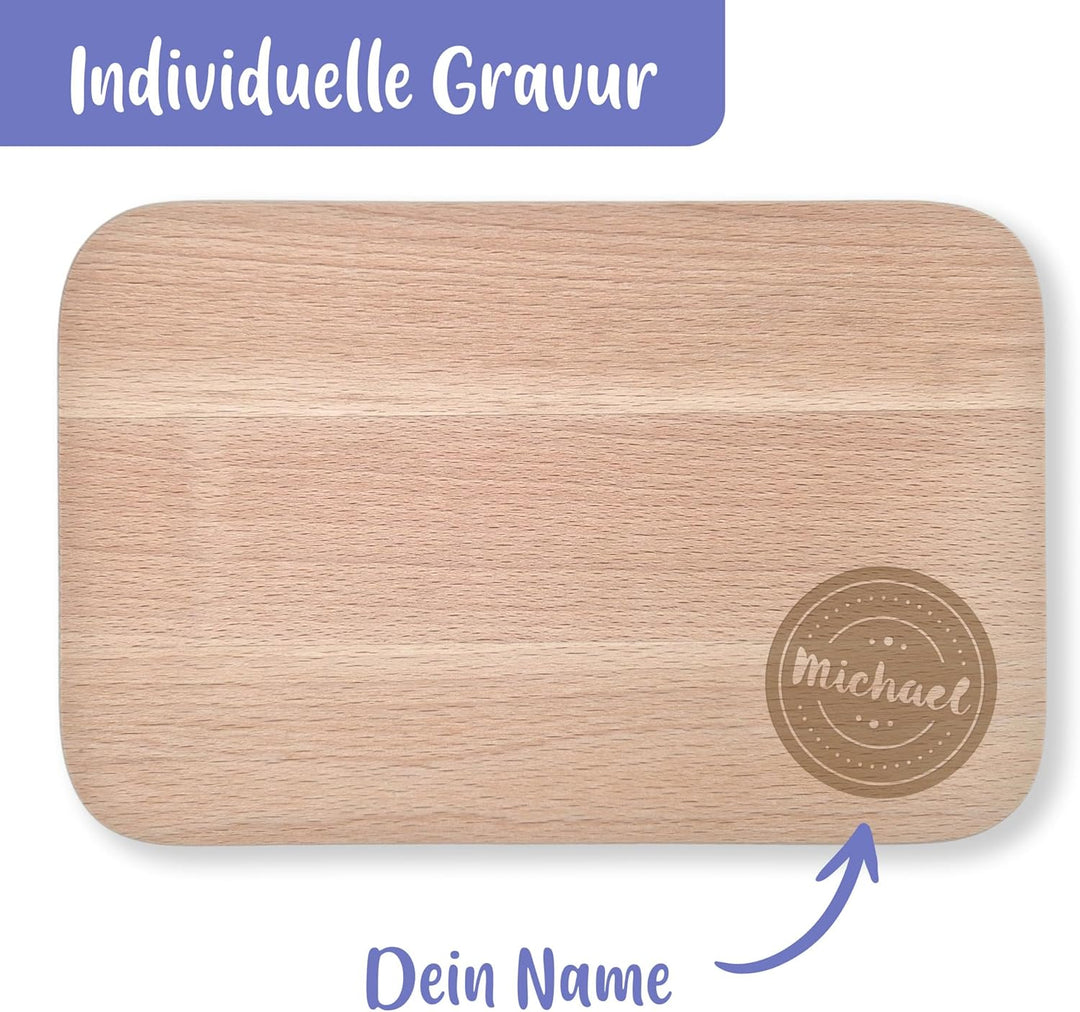 Massives Schneidebrett mit Gravur - individueller Name, Text oder Spruch - Buchenholz, abgerundete E