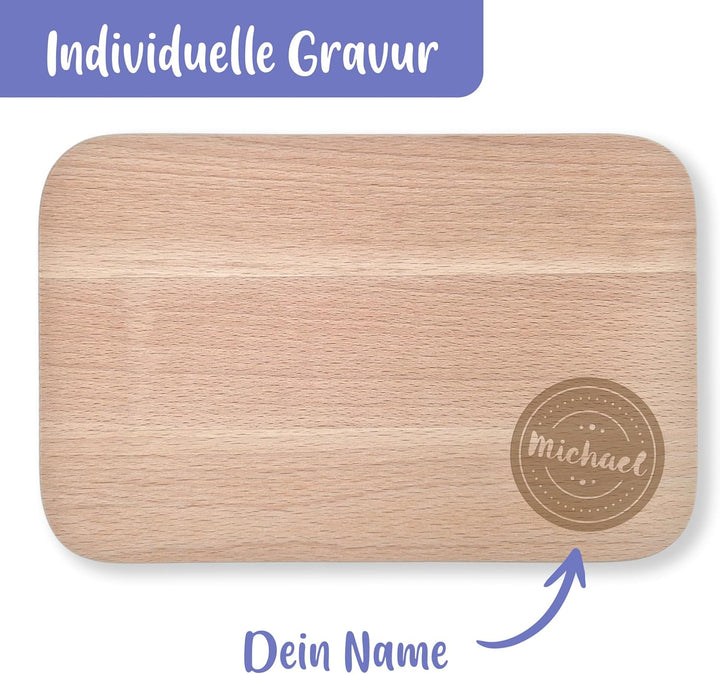 Massives Schneidebrett mit Gravur - individueller Name, Text oder Spruch - Buchenholz, abgerundete E