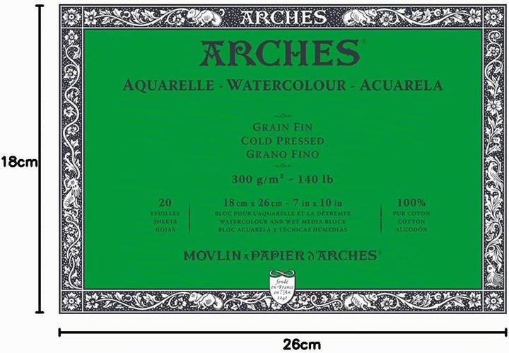 Arches - A1795058 Aquarellpapierblock, 17,8 x 25,4 cm, 20 Blatt, 300 g/m², kaltgepresst, Weiss