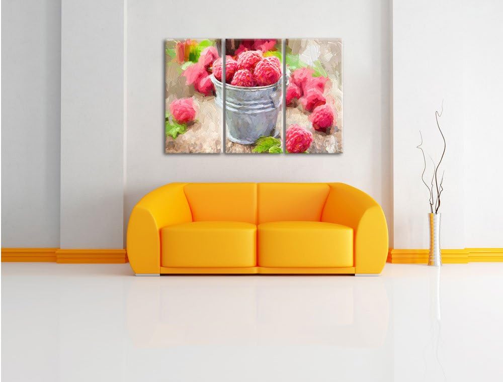 Pixxprint Himbeeren im Blecheimer als Leinwandbild/Grösse: 3 Teilig (120x80 cm) cm/Wandbild/Kunstdru