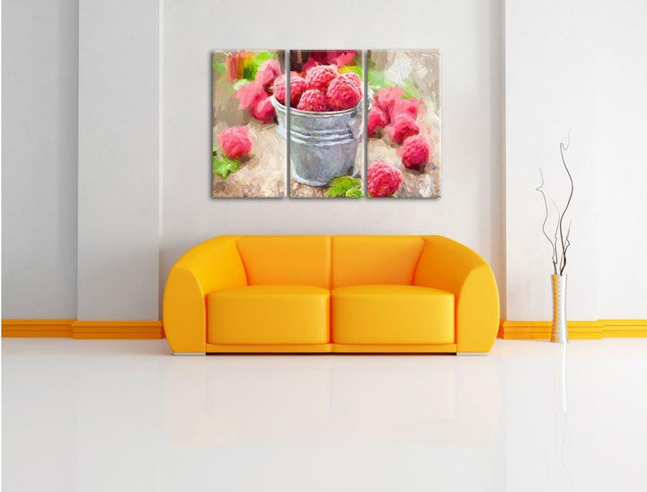 Pixxprint Himbeeren im Blecheimer als Leinwandbild/Grösse: 3 Teilig (120x80 cm) cm/Wandbild/Kunstdru