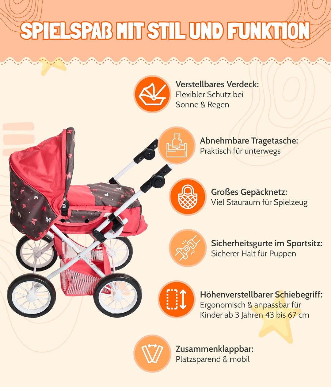 Bayer Chic 2000 - Puppenwagen Leni, 2in1 Kombipuppenwagen mit herausnehmbarer Tragetasche, Kinderwag