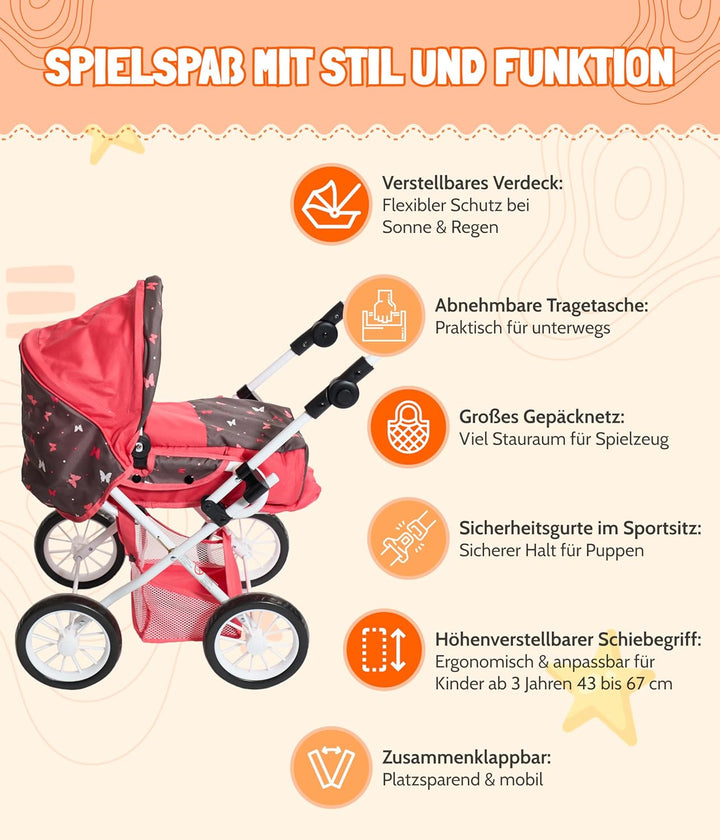 Bayer Chic 2000 - Puppenwagen Leni, 2in1 Kombipuppenwagen mit herausnehmbarer Tragetasche, Kinderwag