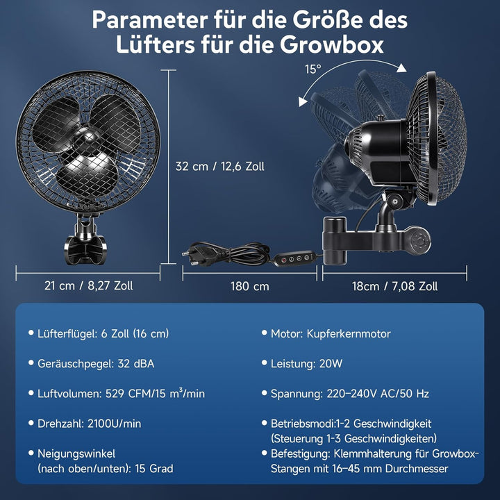 Grow Clip Ventilator, 900 m³/h starke Luftleistung, leise 32 dBA, 3 Geschwindigkeiten, 20W, 3 Timer-