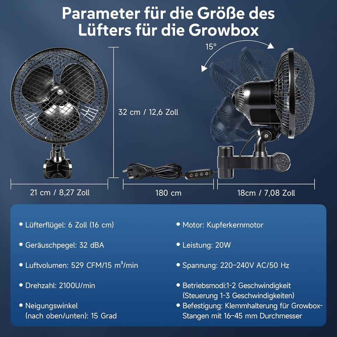 LTPAG Grow Ventilator mit Clip 20W, Oszillierend Leise Klein for Growzelt, 3 Geschwindigkeitsstufen,
