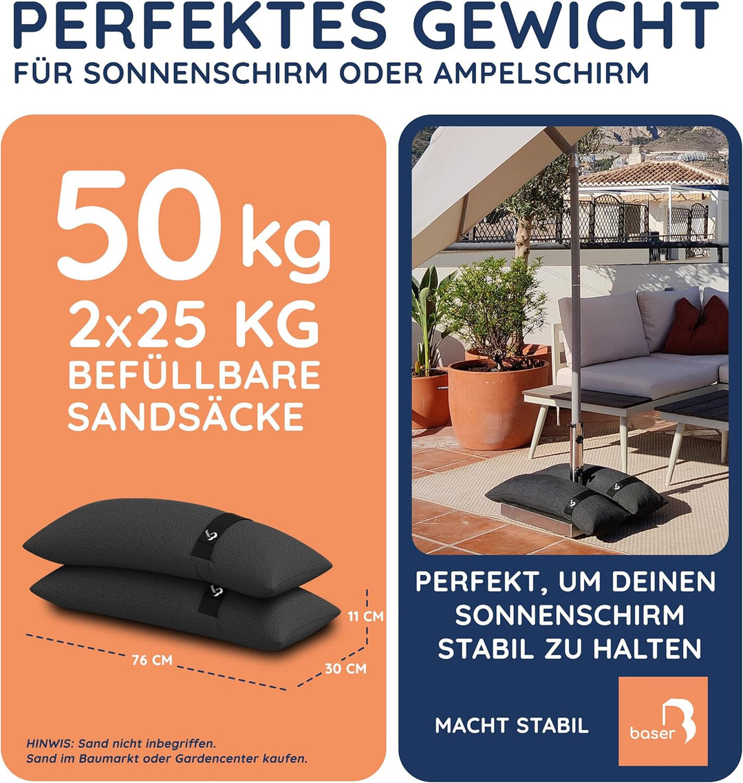 BASER - Gerade auffüllbare Sandsäcke, 2 x 25 KG, auffüllbare Gewichte für Ampelschirme, Sonnenschirm