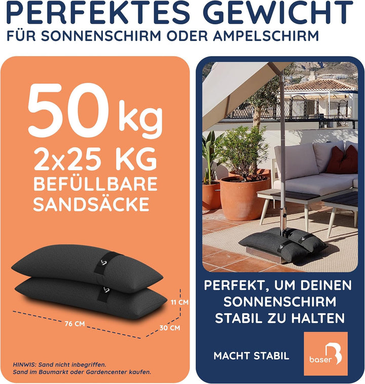 BASER - Gerade auffüllbare Sandsäcke, 2 x 25 KG, auffüllbare Gewichte für Ampelschirme, Sonnenschirm