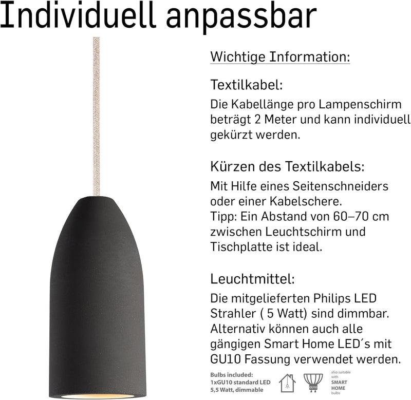 Buchenbusch urban design 3er Betonlampe dark edition, Industrial Lampe mit Textilkabel Kiesel, Beton