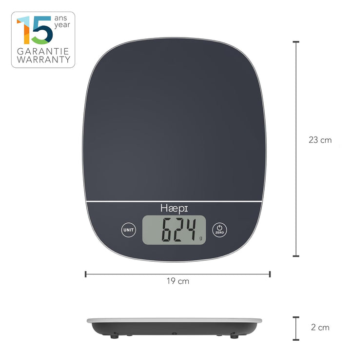 Haepi, Hochpräzise elektronische Küchenwaage 5000g/1g, Tara-/Flüssigkeitsfunktion, modernes Design,