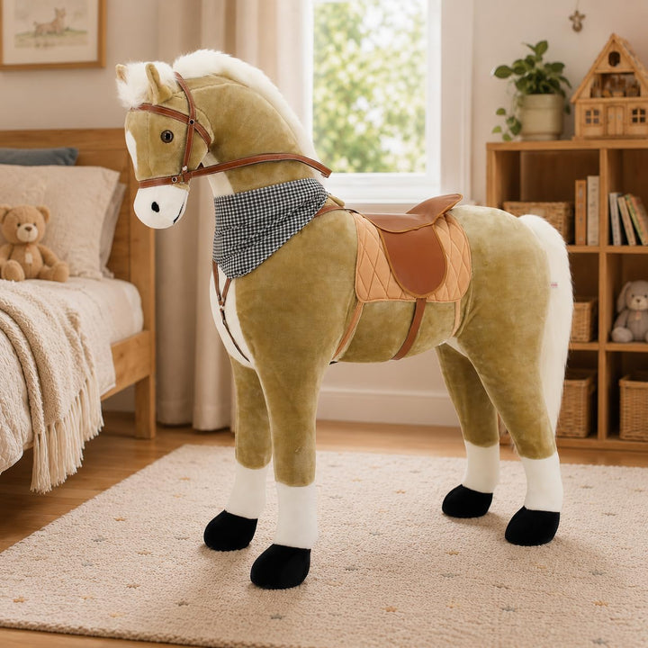 Sweety Toys 12671 XXL Stehpferd Goldie beige mit weisser Mähne und Schweif/schwarzes Halstuch- Stand
