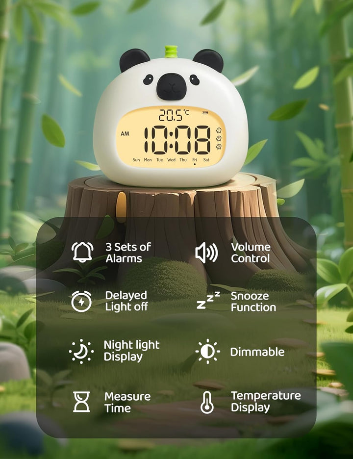 IHALO Cute Kinderwecker, Nachttischwecker mit Panda Nachtlicht, digitales LED-Display, 3,15 Zoll, DR