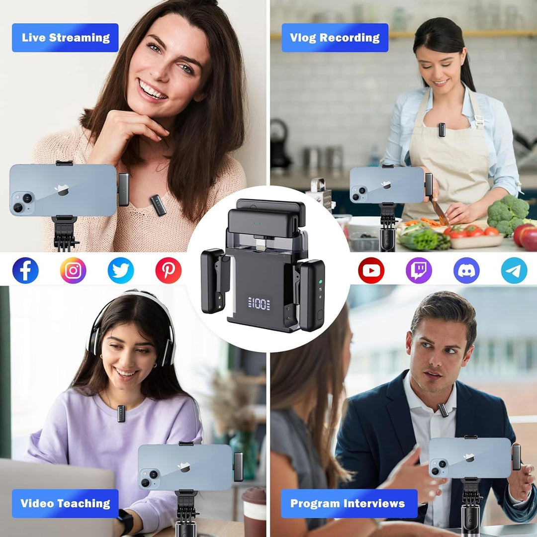 Voijump Wireless Microphone,Kabelloses Lavaliermikrofon für iPhone Android (2 TX + 2 RX+ Ladeetui),