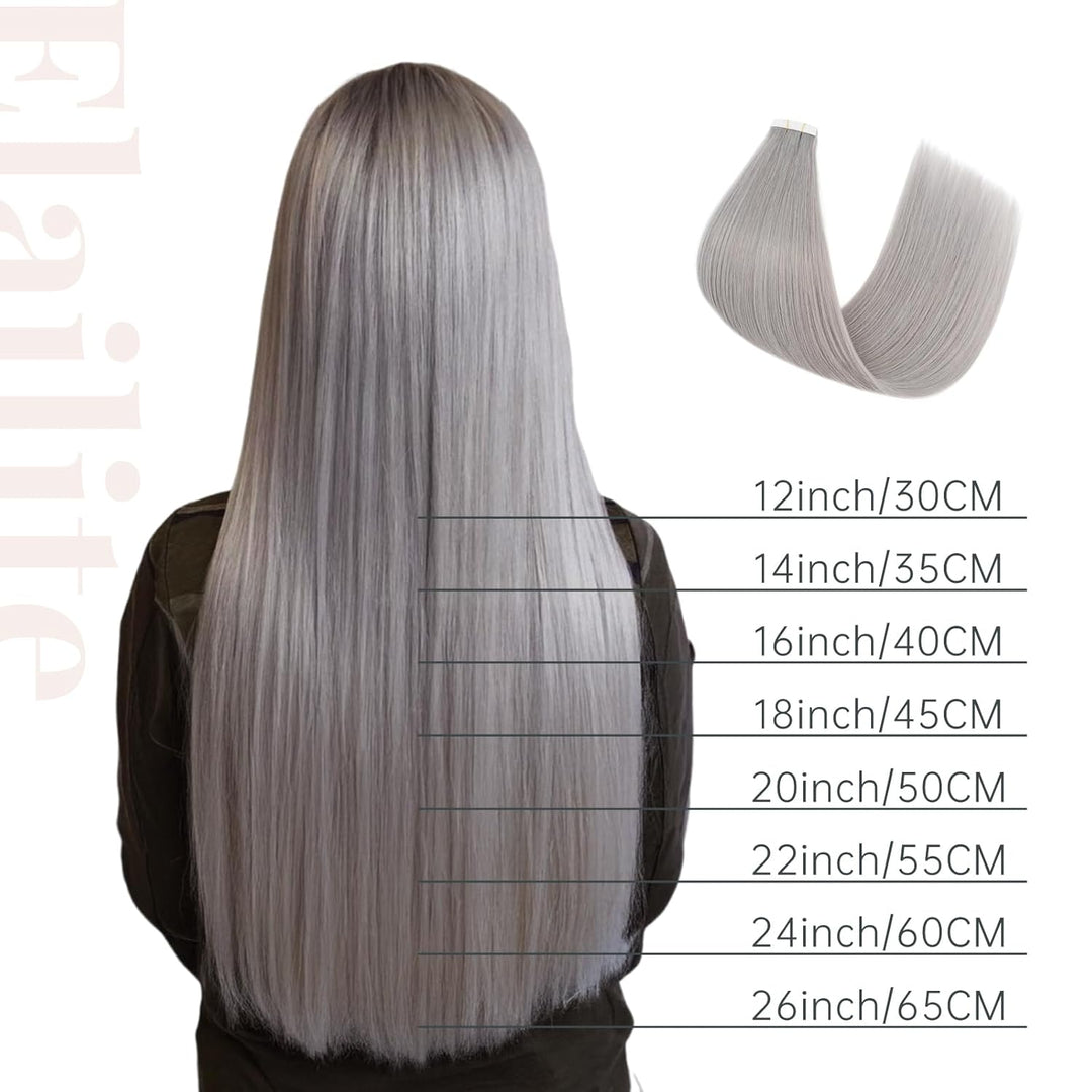 Elailite Extensions Echthaar Tape Grau, 20 Stück 30g Unsichtbar Kleber Haarverlängerungen Glattes 50