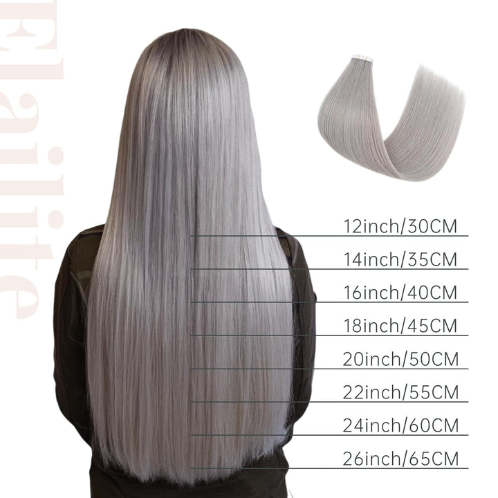 Elailite Extensions Echthaar Tape Grau, 20 Stück 30g Unsichtbar Kleber Haarverlängerungen Glattes 50