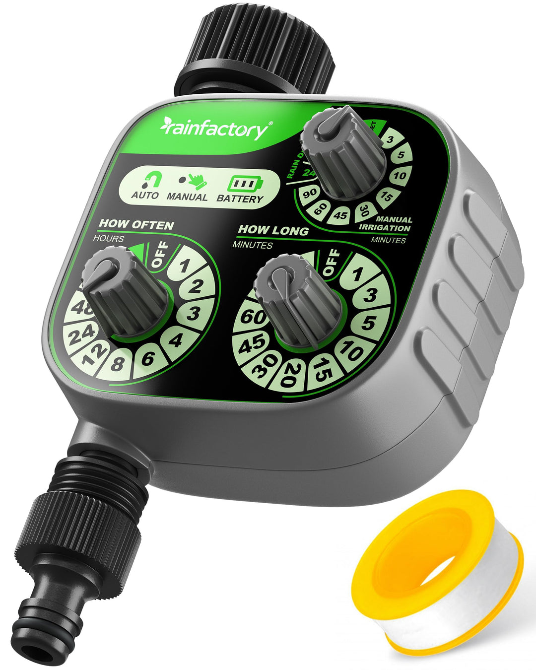 rainfactory Bewässerungscomputer - intuitive 3-Regler Wasserzeitschaltuhr für automatische & manuell