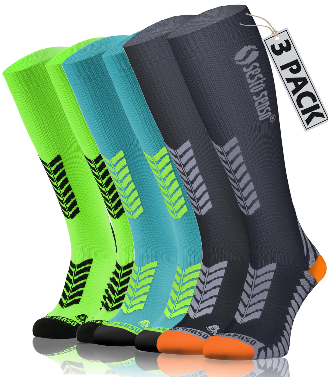 sesto senso 3 Paar Kompressionsstrümpfe Sport Damen Herren Bunt Hohe Sportsocken Laufsocken 35-38 3e