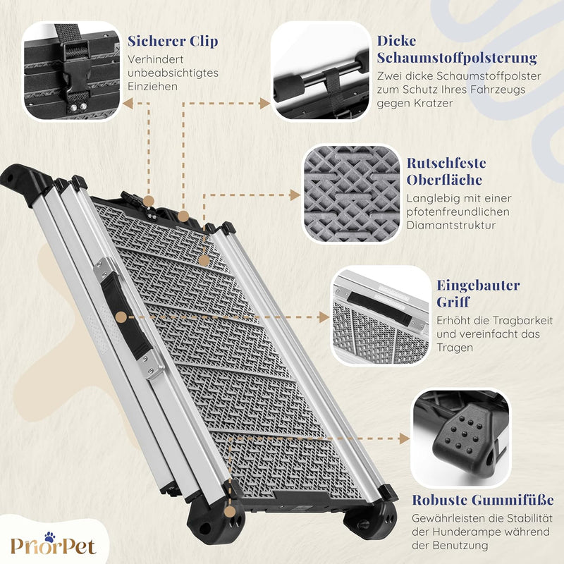 Hunderampe Auto Klappbar- Teleskop Alu Rampe für grosse Hunde - Stabile Hundetreppe Auto & SUV - rut