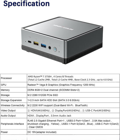 MINIS FORUM Mini PC UM700,AMD Ryzen 7 3750H 4-Kern-CPU 16 GB DDR4/512 GB SSD Mini Desktop Computer,H