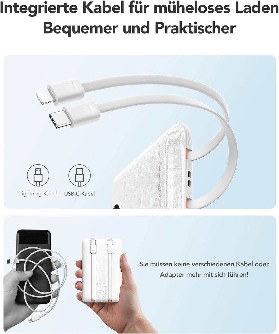 Power Bank 10000mAh Powerbank Klein Mini Powerbank mit integrierten Kabeln USB C Externe Handyakkus