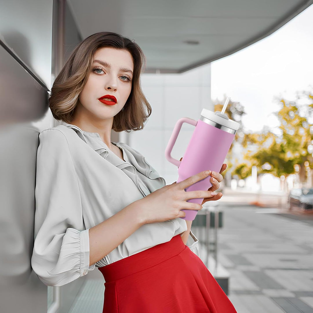 40oz Thermobecher mit Strohhalm und Henkel,1180 ML Doppelwandiger Edelstahl Heisse Kalte Getränke Va