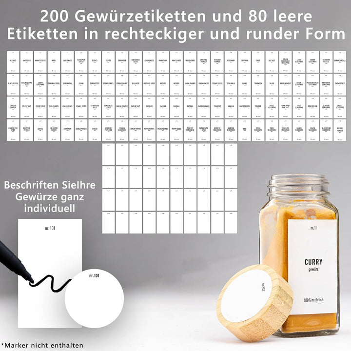 Deco haus® Gewürzgläser eckig mit Schraubkappe 36er Set [+Etiketten & Streueinsatz] - Gewürzdosen Se
