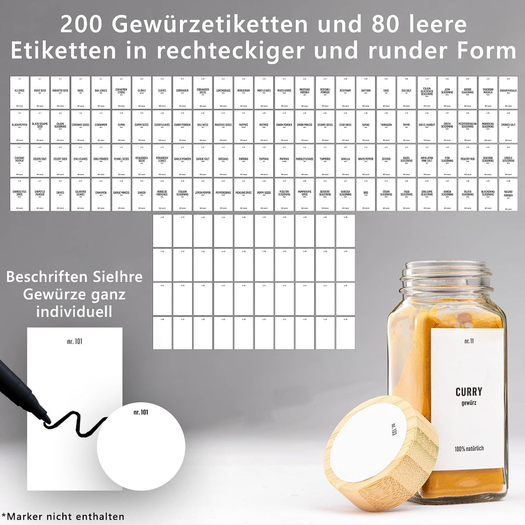Deco haus® Gewürzgläser eckig mit Schraubkappe 36er Set [+Etiketten &amp; Streueinsatz] - Gewürzdosen Se