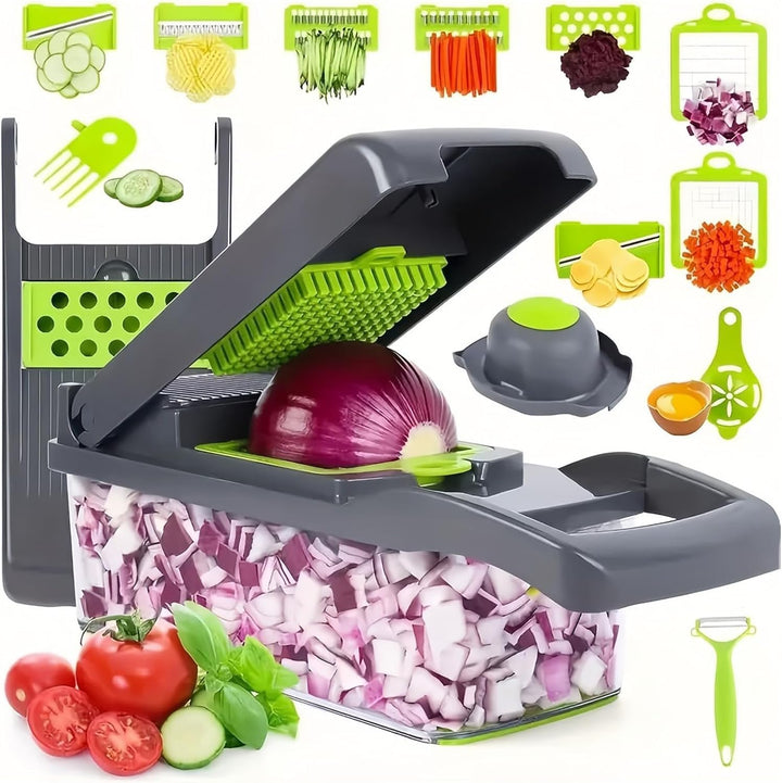 Grips Gemüseschneider, netter Würfelspieler，(16-in-1), zum Schneiden von Knoblauch, Kürbissen und Ka