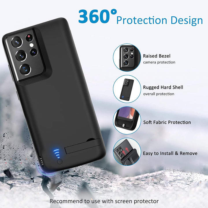 Gladgogo Akku Hülle für Samsung Galaxy S21 Ultra, [5000 mAh] Battery Case Akkuhülle Mit klappbarem S