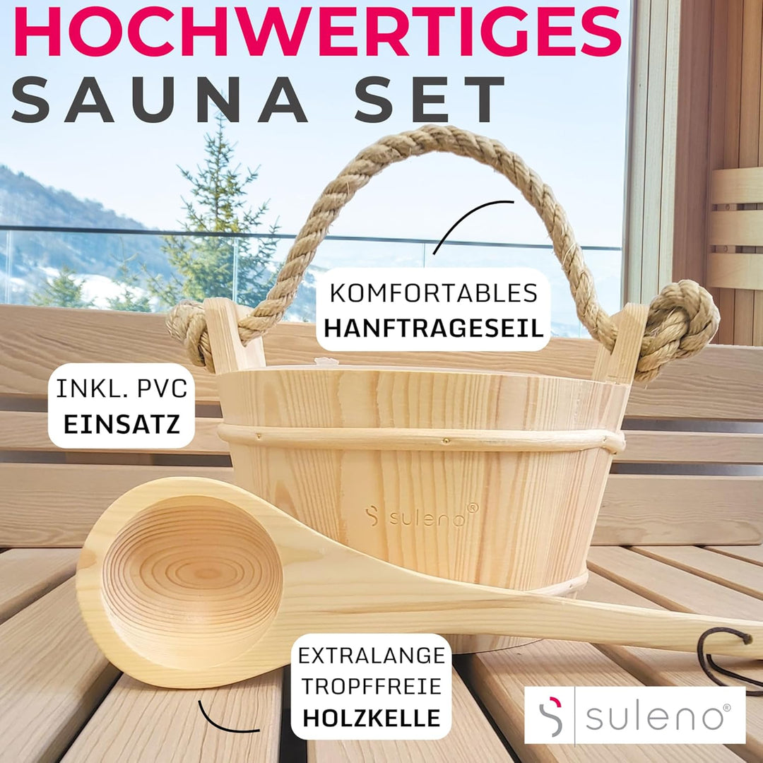 Suleno Sauna Zubehör Set - Saunaeimer mit Kelle aus Nadelholz, PVC-Einsatz, Auslaufsicher, Naturholz