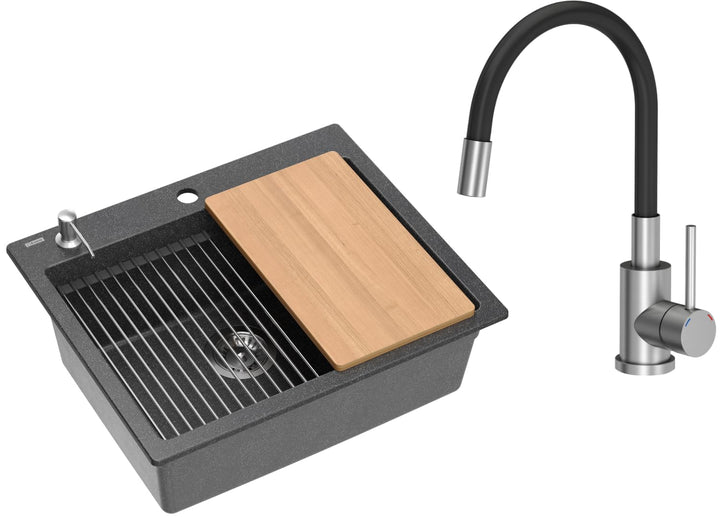 VBChome Set Spülbecken mit Armatur 60 x 50 cm Schwarz Spülmittelspender Siphon Matte Planke Granit S