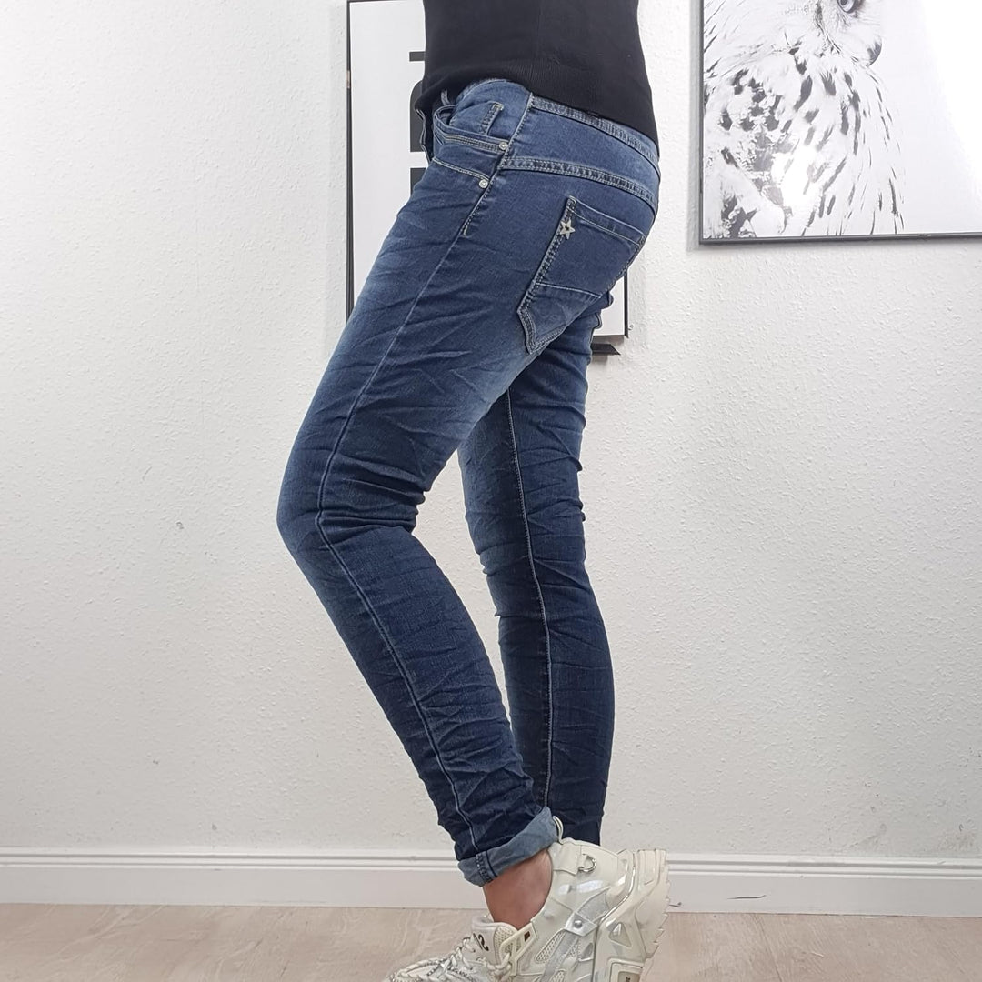 Jewelly Damen Boyfriend Stretch Jeans| Denim Hose für Frauen| 5-Pocket Bagggy Pants S Nice Buttons,