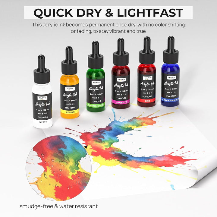 Nicpro 18 Farben Acrylic Ink Set, 30 ml Flasche mit Tropfer, Flüssige Acryltinte Schnell Trocknende,